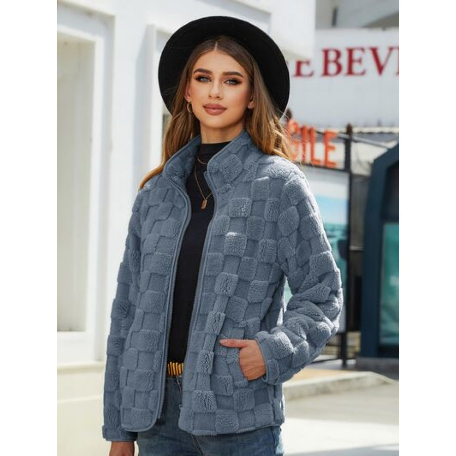 Fuzzy Checkered Zip Up Jacket French Blue / S Apparel and Accessories