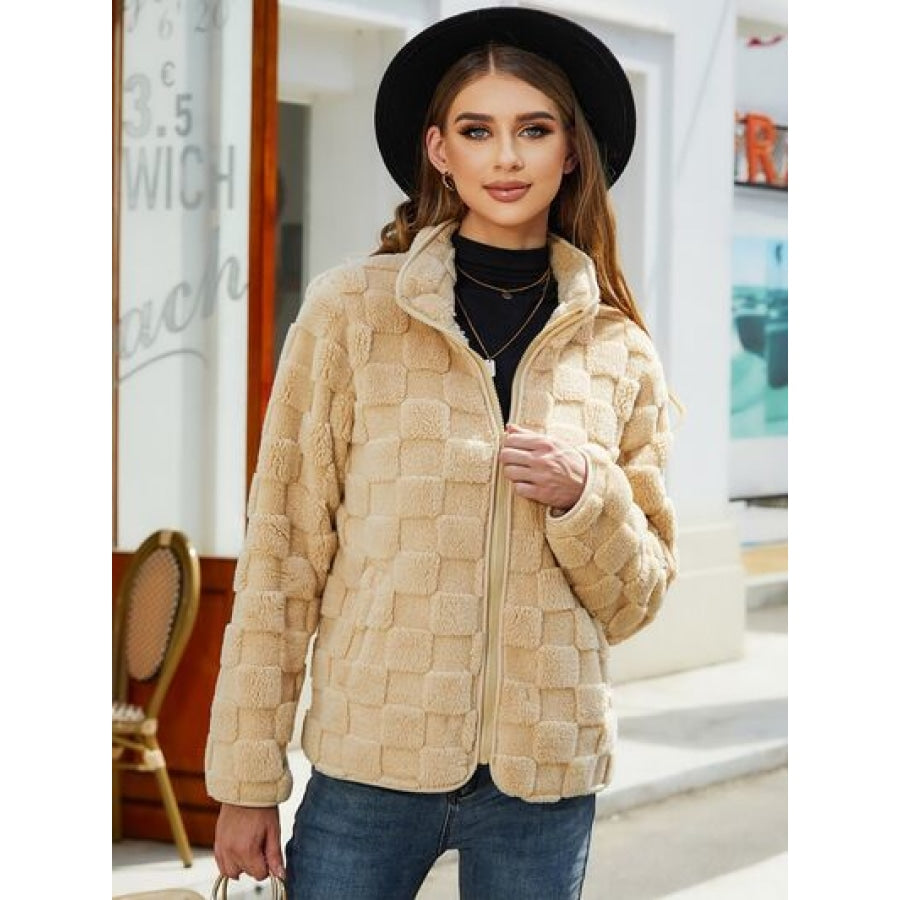 Fuzzy Checkered Zip Up Jacket Sand / S Apparel and Accessories