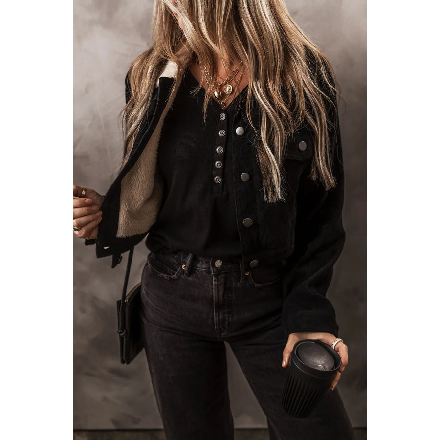 Fuzzy Collared Neck Button Down Jacket Black / S Apparel and Accessories