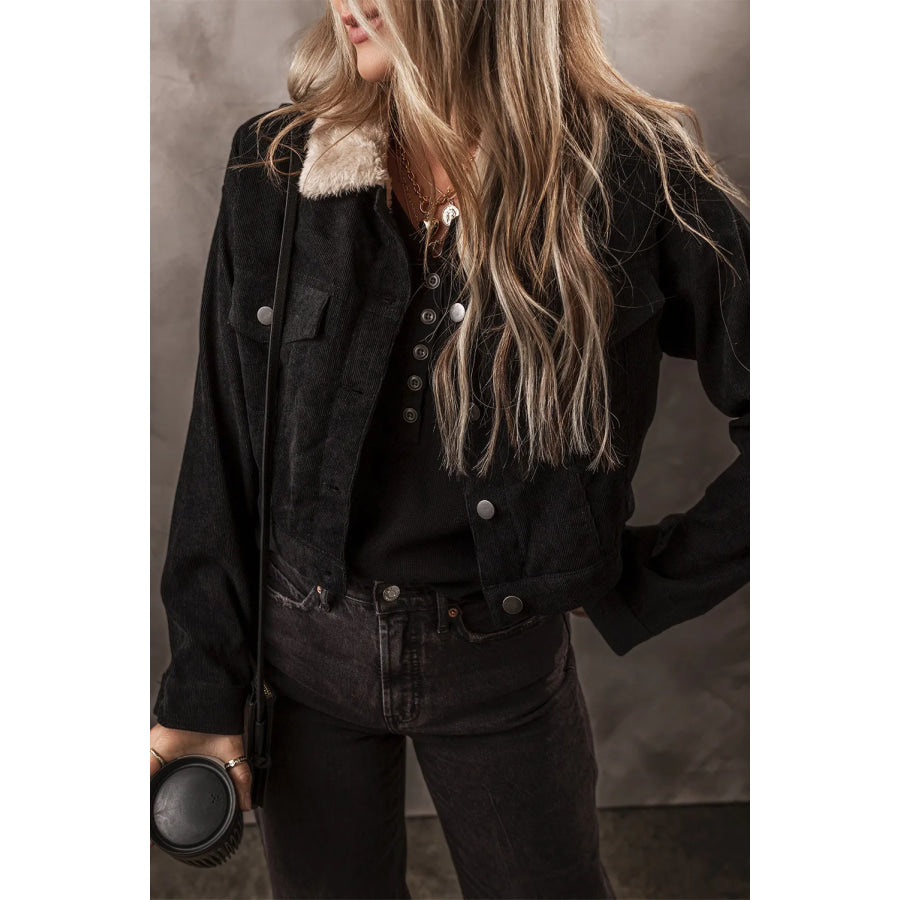 Fuzzy Collared Neck Button Down Jacket Apparel and Accessories