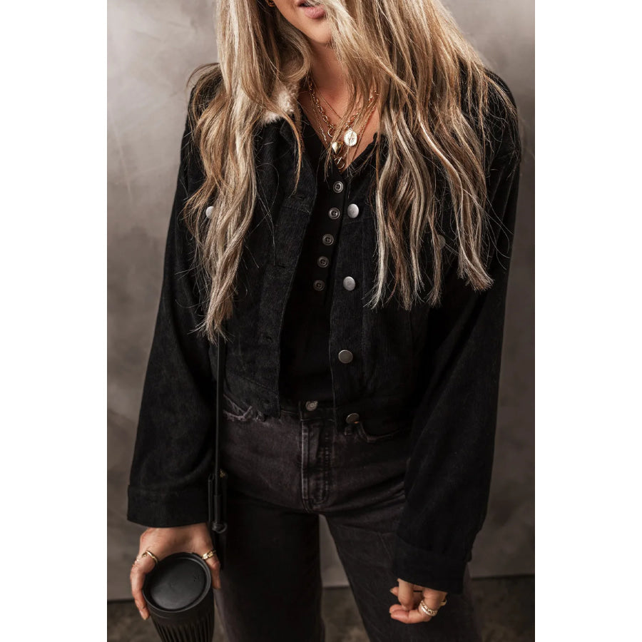 Fuzzy Collared Neck Button Down Jacket Black / S Apparel and Accessories