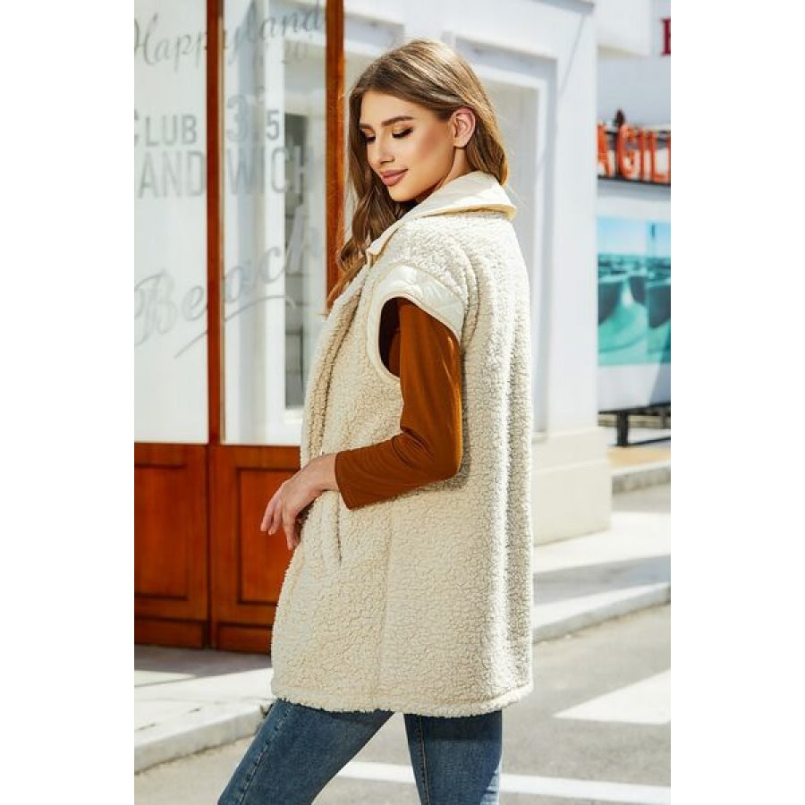 Fuzzy Collared Neck Button Up Vest Coat Apparel and Accessories