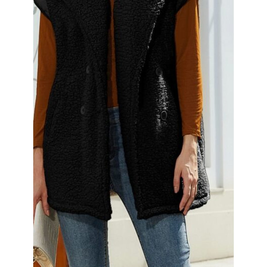 Fuzzy Collared Neck Button Up Vest Coat Apparel and Accessories