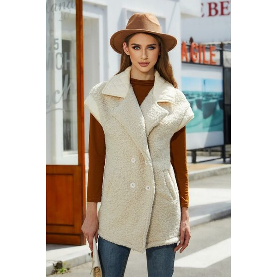 Fuzzy Collared Neck Button Up Vest Coat Apparel and Accessories