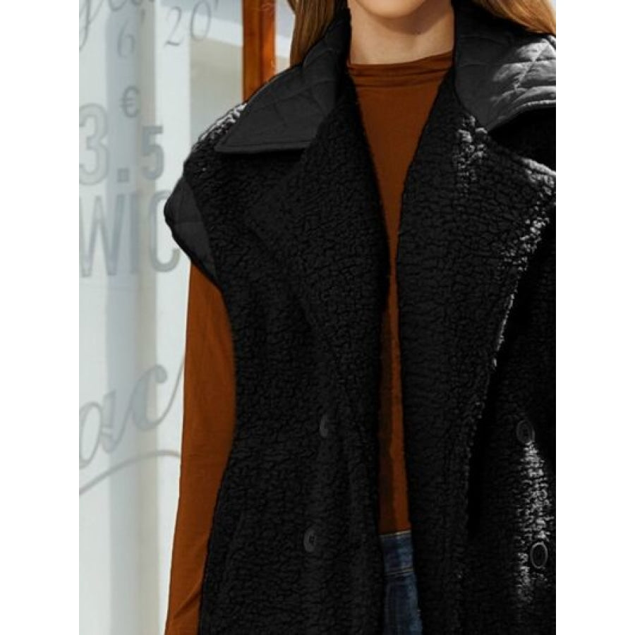 Fuzzy Collared Neck Button Up Vest Coat Apparel and Accessories