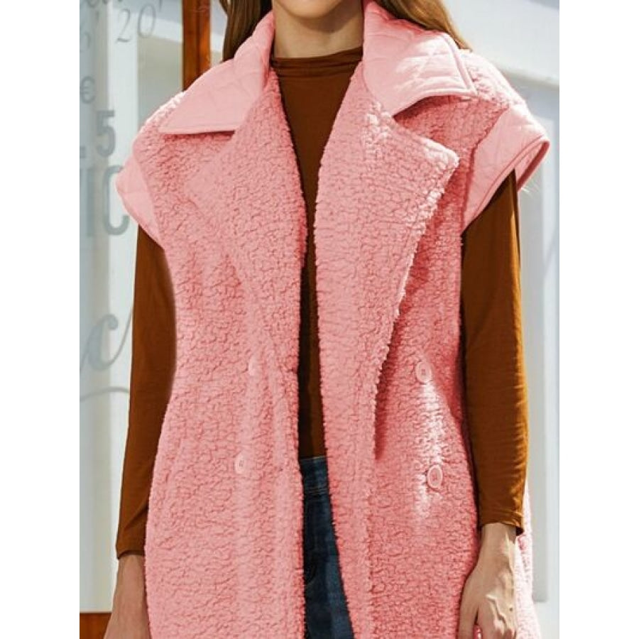 Fuzzy Collared Neck Button Up Vest Coat Apparel and Accessories