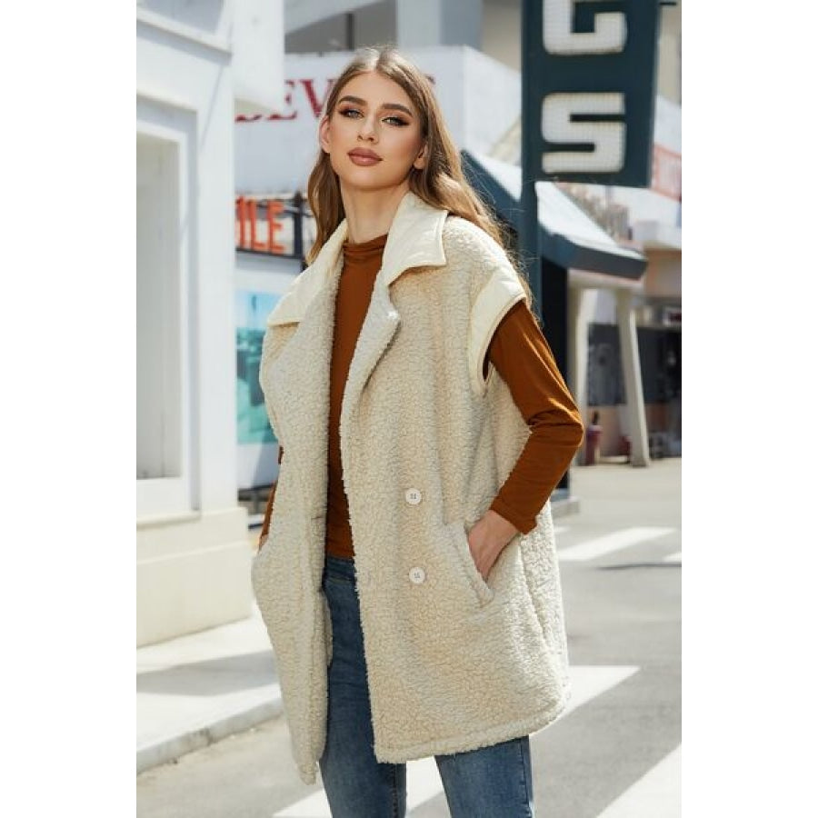 Fuzzy Collared Neck Button Up Vest Coat Apparel and Accessories