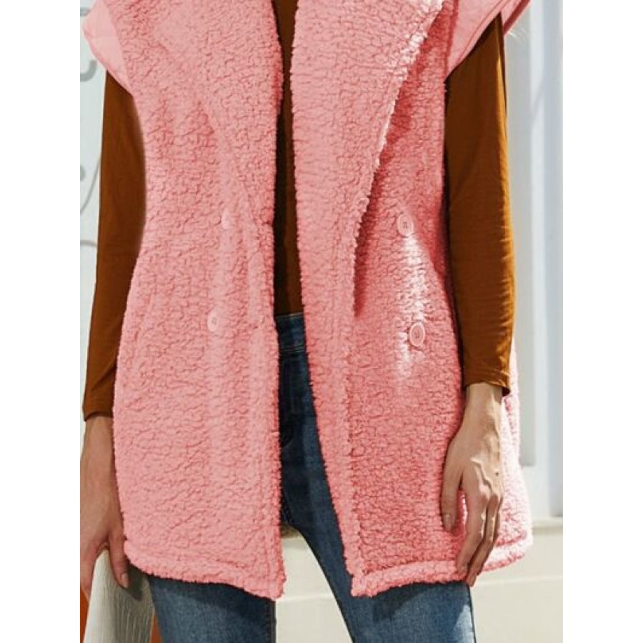 Fuzzy Collared Neck Button Up Vest Coat Apparel and Accessories