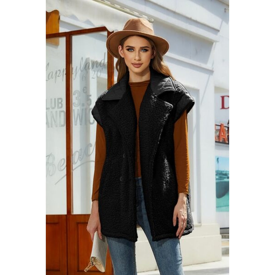 Fuzzy Collared Neck Button Up Vest Coat Black / S Apparel and Accessories