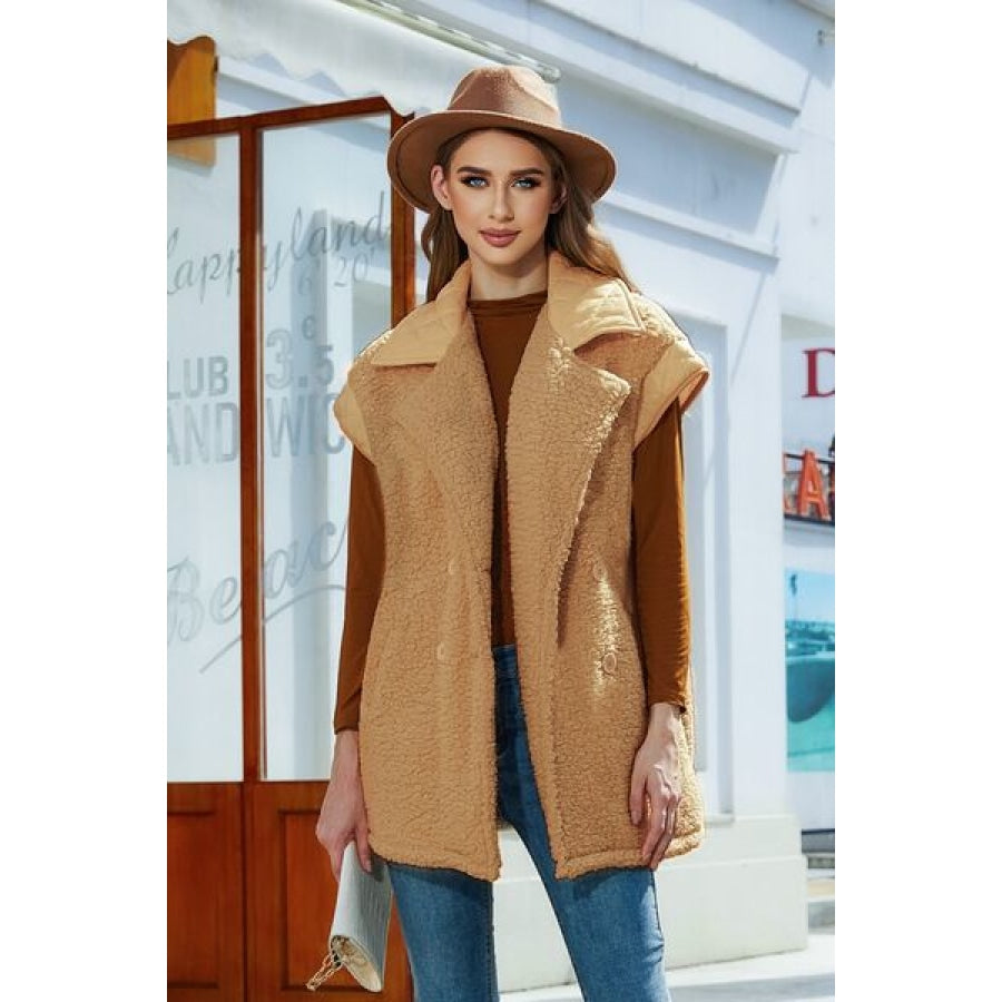 Fuzzy Collared Neck Button Up Vest Coat Caramel / S Apparel and Accessories