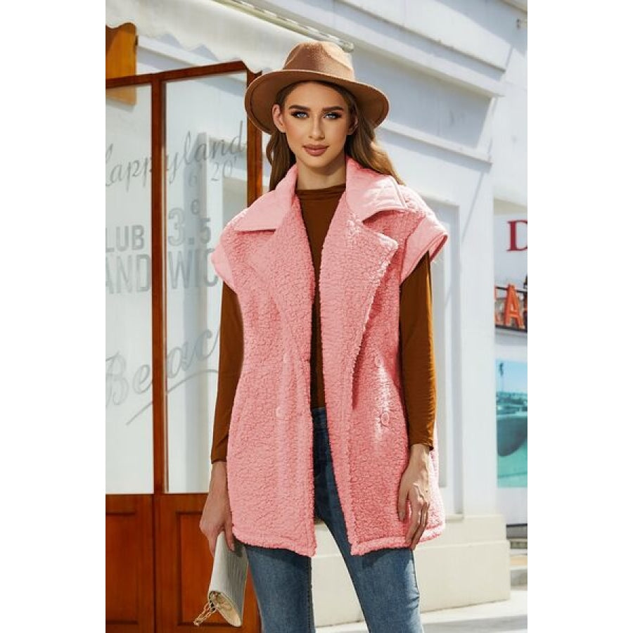 Fuzzy Collared Neck Button Up Vest Coat Carnation Pink / S Apparel and Accessories