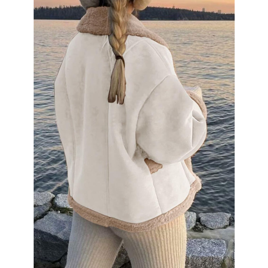 Fuzzy Collared Neck Long Sleeve Jacket Apparel and Accessories