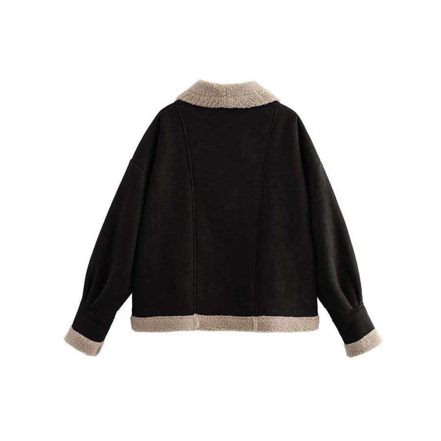 Fuzzy Collared Neck Long Sleeve Jacket Apparel and Accessories