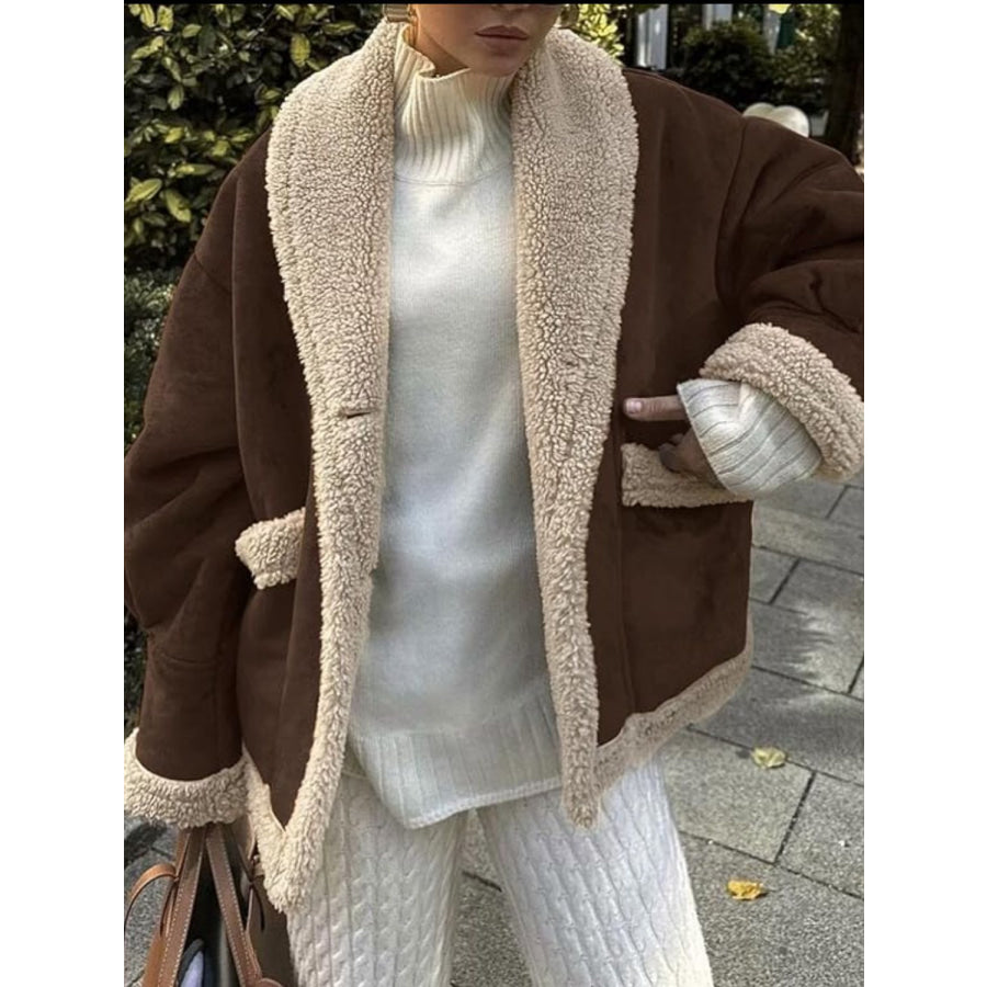 Fuzzy Collared Neck Long Sleeve Jacket Brown / S Apparel and Accessories