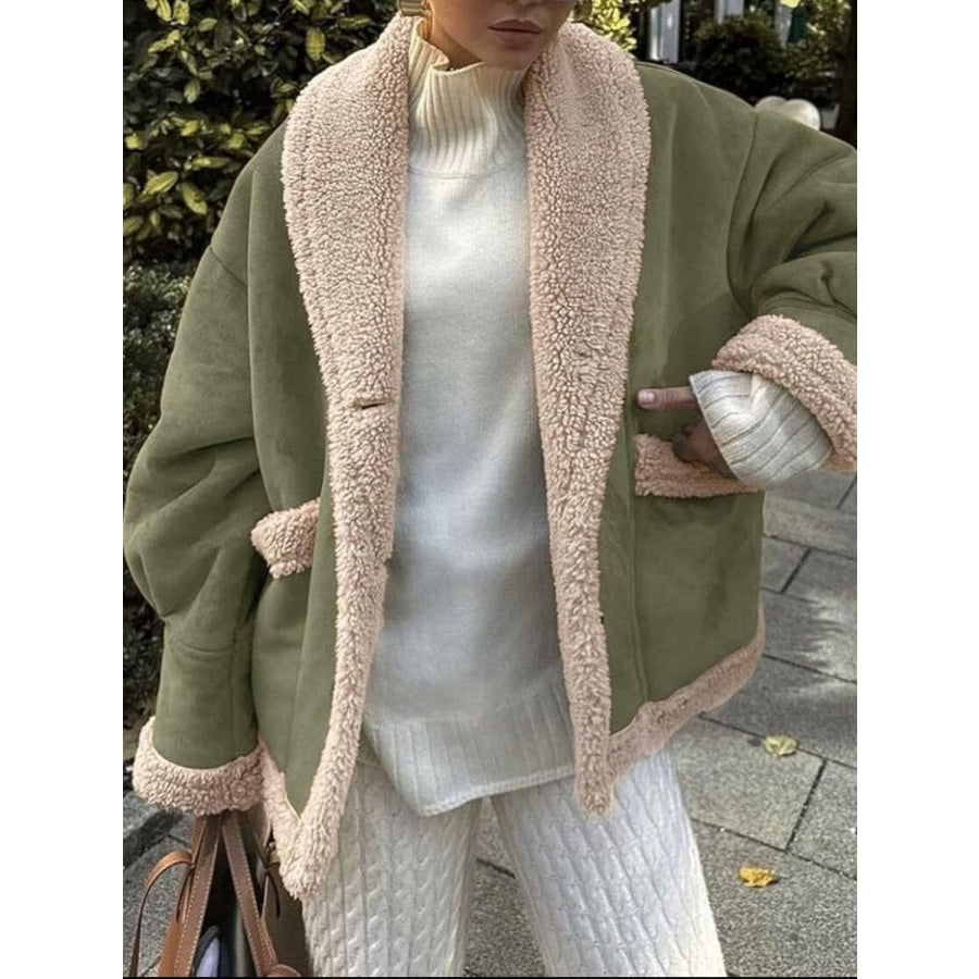 Fuzzy Collared Neck Long Sleeve Jacket Moss / S Apparel and Accessories