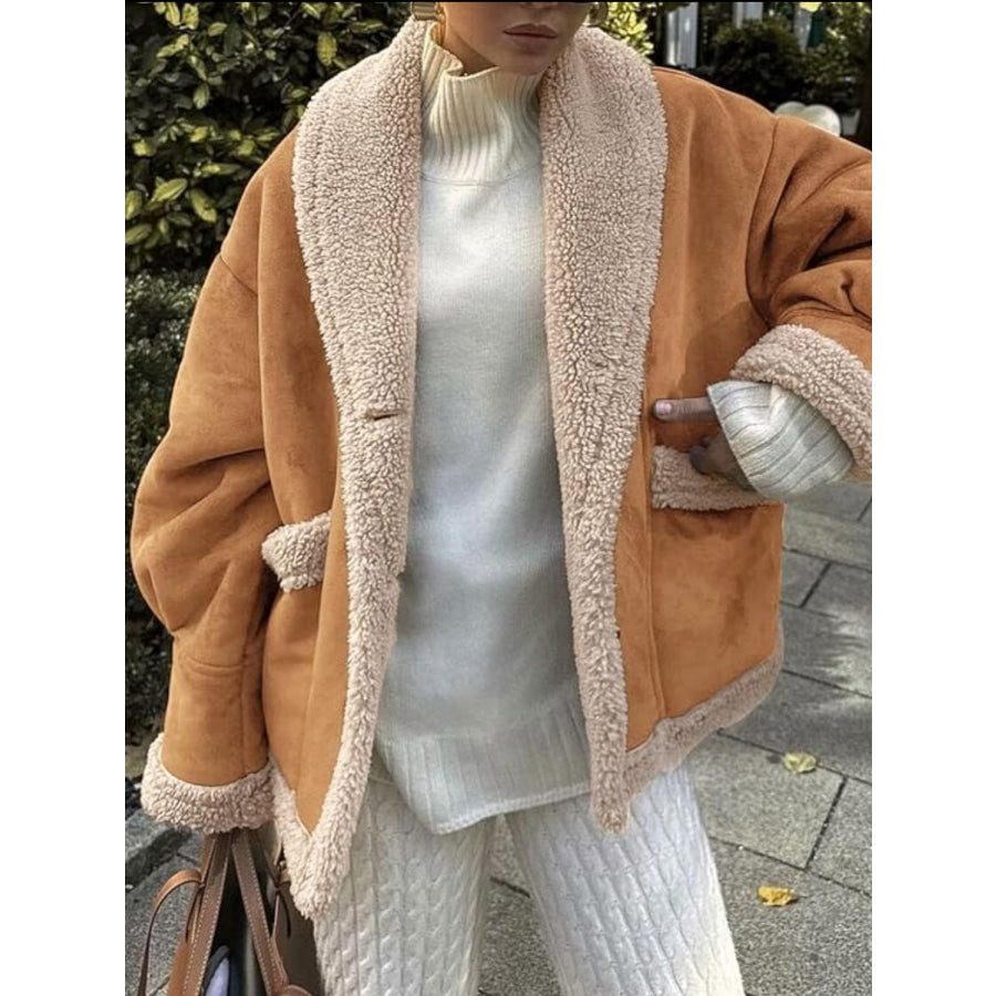 Fuzzy Collared Neck Long Sleeve Jacket Ochre / S Apparel and Accessories