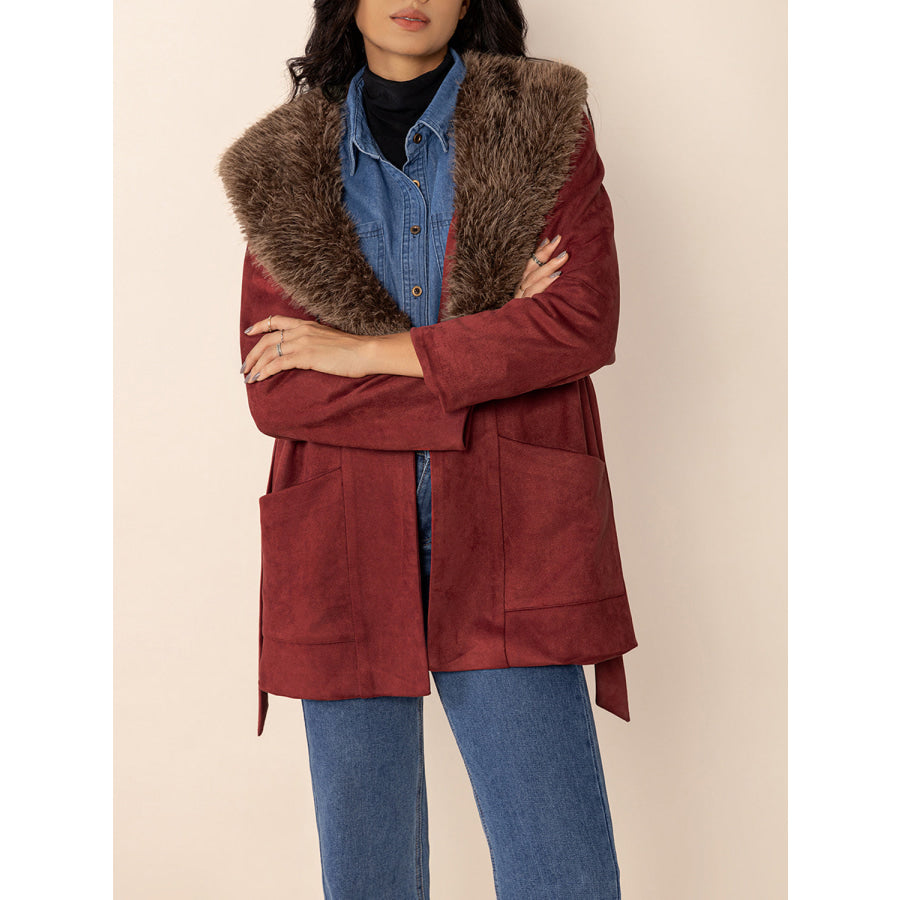 Fuzzy Collared Neck Tie Waist Jacket Apparel and Accessories