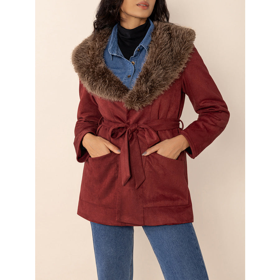 Fuzzy Collared Neck Tie Waist Jacket Apparel and Accessories