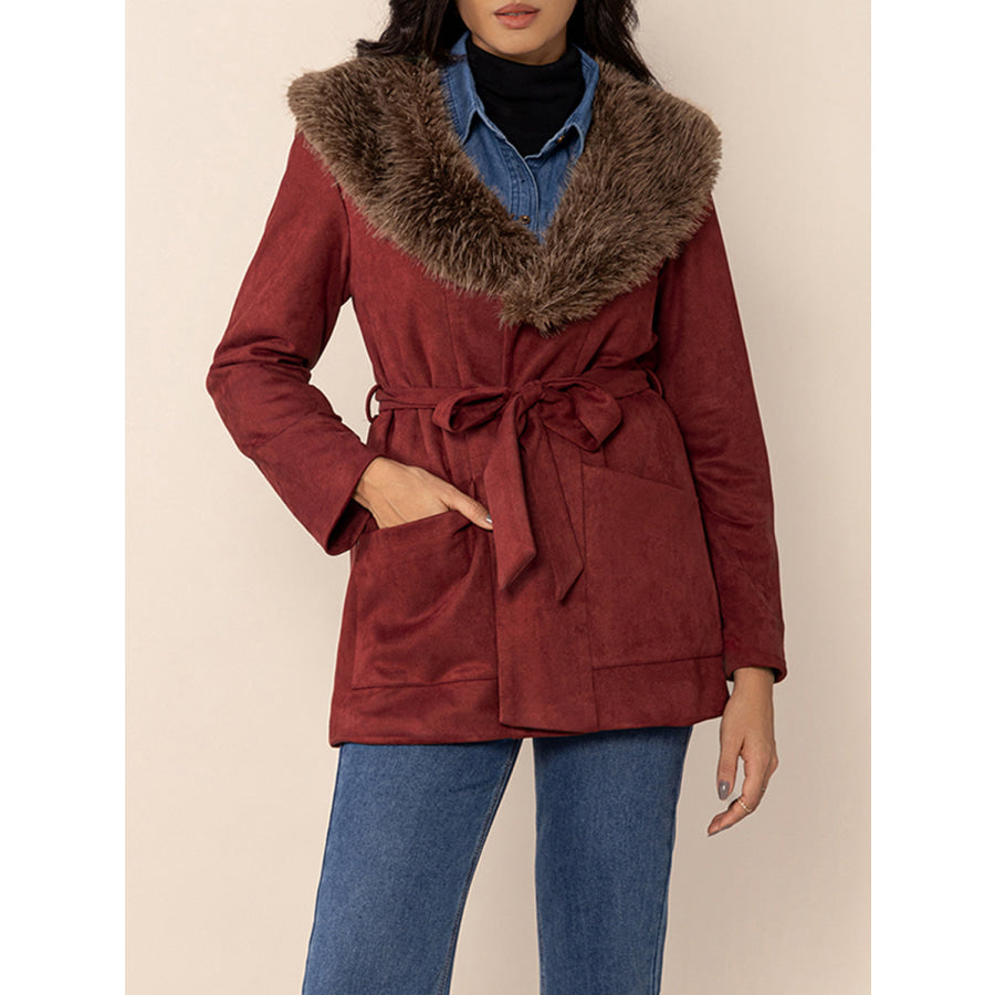 Fuzzy Collared Neck Tie Waist Jacket Apparel and Accessories