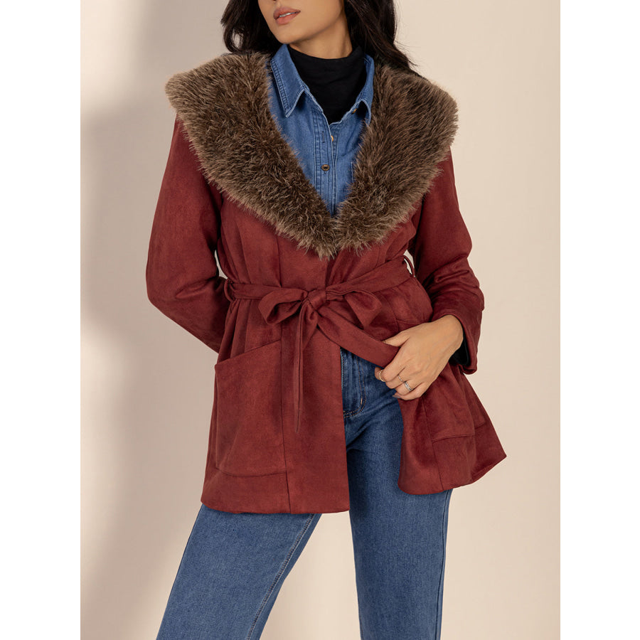 Fuzzy Collared Neck Tie Waist Jacket Apparel and Accessories