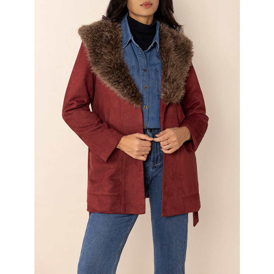 Fuzzy Collared Neck Tie Waist Jacket Apparel and Accessories