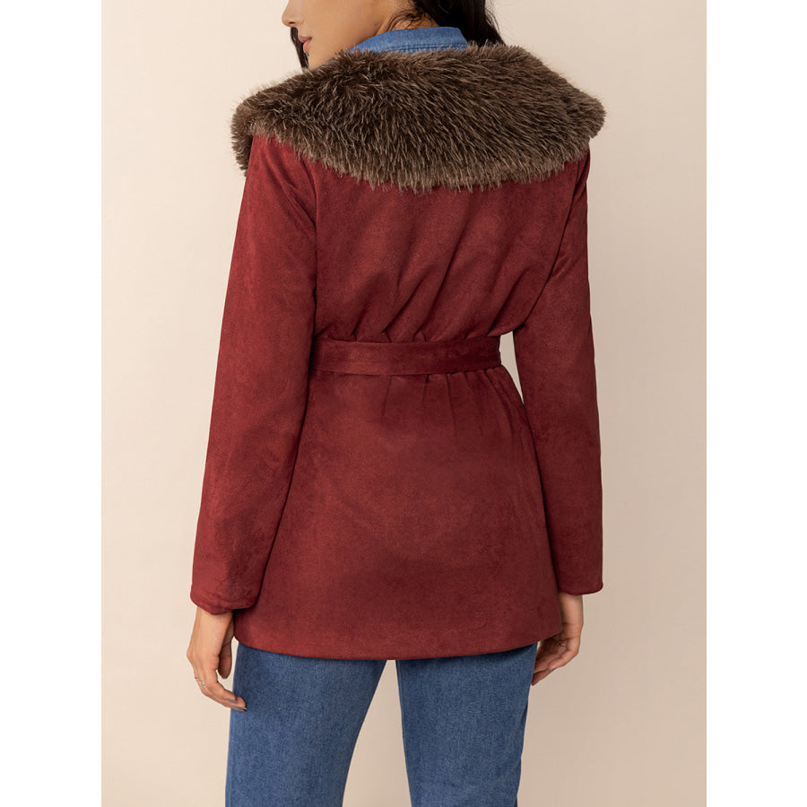 Fuzzy Collared Neck Tie Waist Jacket Apparel and Accessories