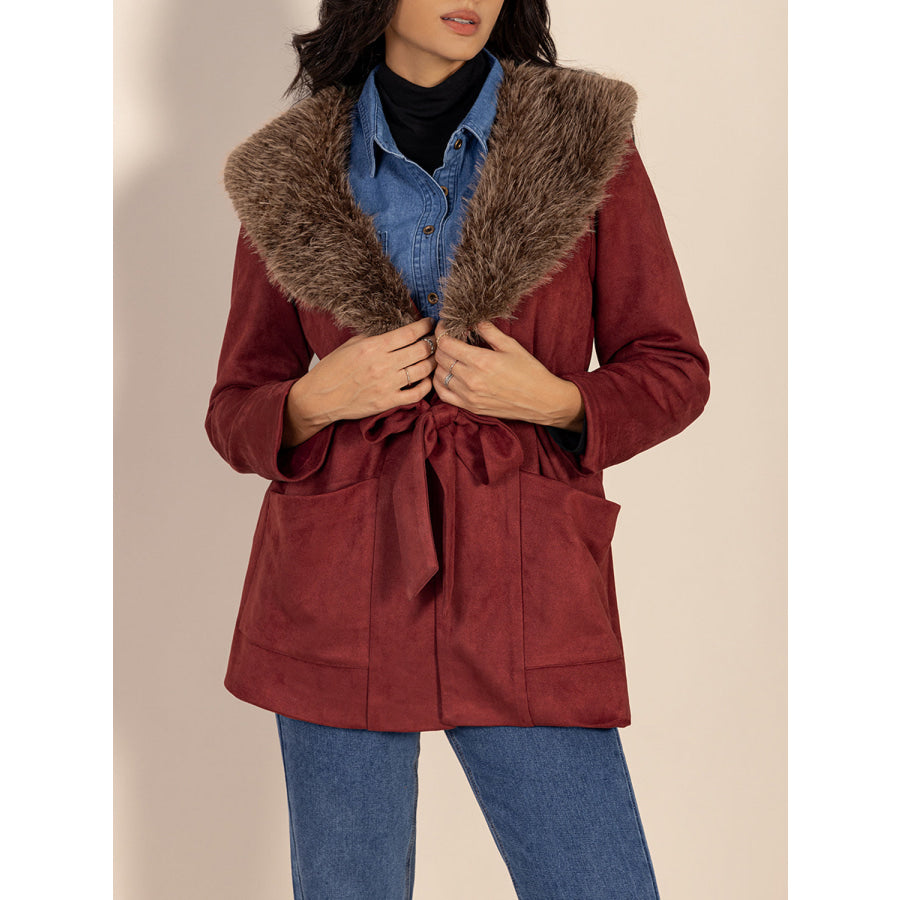 Fuzzy Collared Neck Tie Waist Jacket Apparel and Accessories