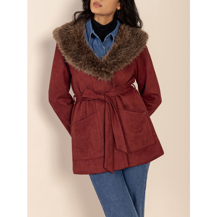 Fuzzy Collared Neck Tie Waist Jacket Burgundy / S Apparel and Accessories