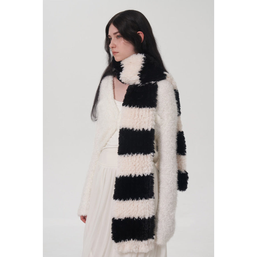 Fuzzy Contrast Striped Scarf Black / One Size Apparel and Accessories