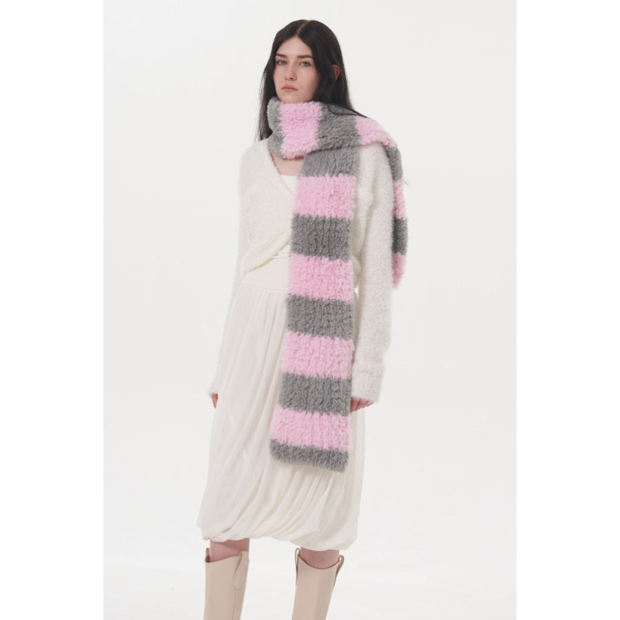 Fuzzy Contrast Striped Scarf Pink / One Size Apparel and Accessories