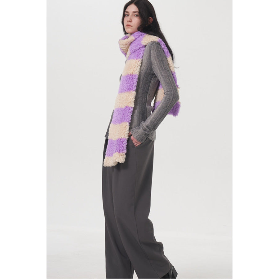 Fuzzy Contrast Striped Scarf Vivid Violet / One Size Apparel and Accessories