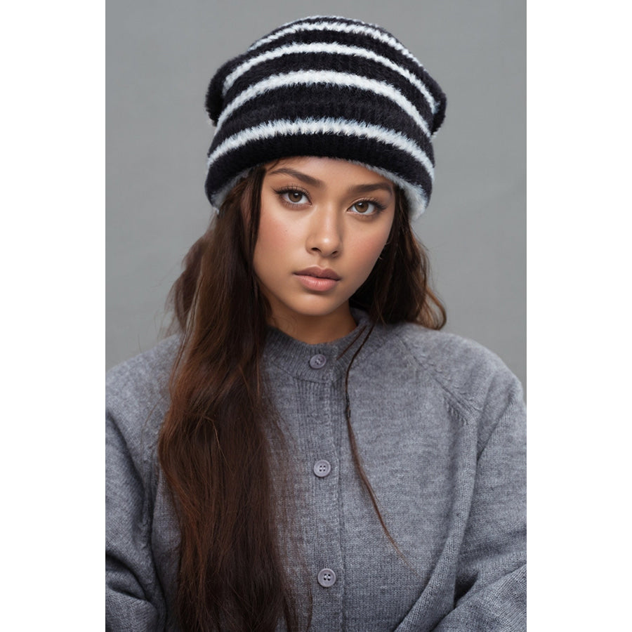 Fuzzy Contrast Striped Thermal Hat Black / One Size Apparel and Accessories