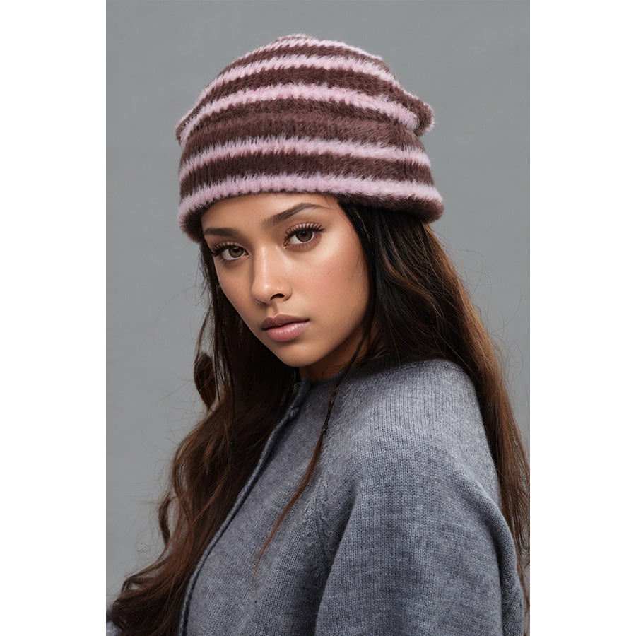 Fuzzy Contrast Striped Thermal Hat Brown/Pink / One Size Apparel and Accessories