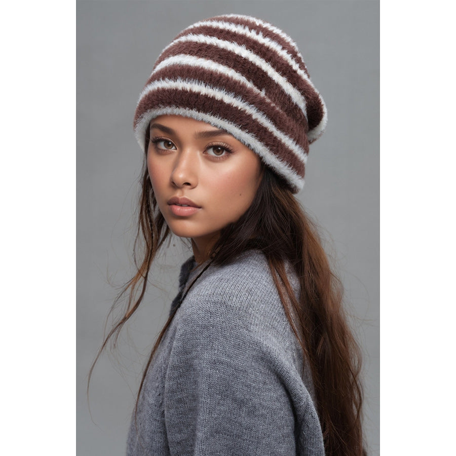 Fuzzy Contrast Striped Thermal Hat Brown/White / One Size Apparel and Accessories