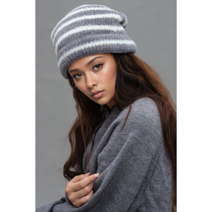 Fuzzy Contrast Striped Thermal Hat Gray / One Size Apparel and Accessories