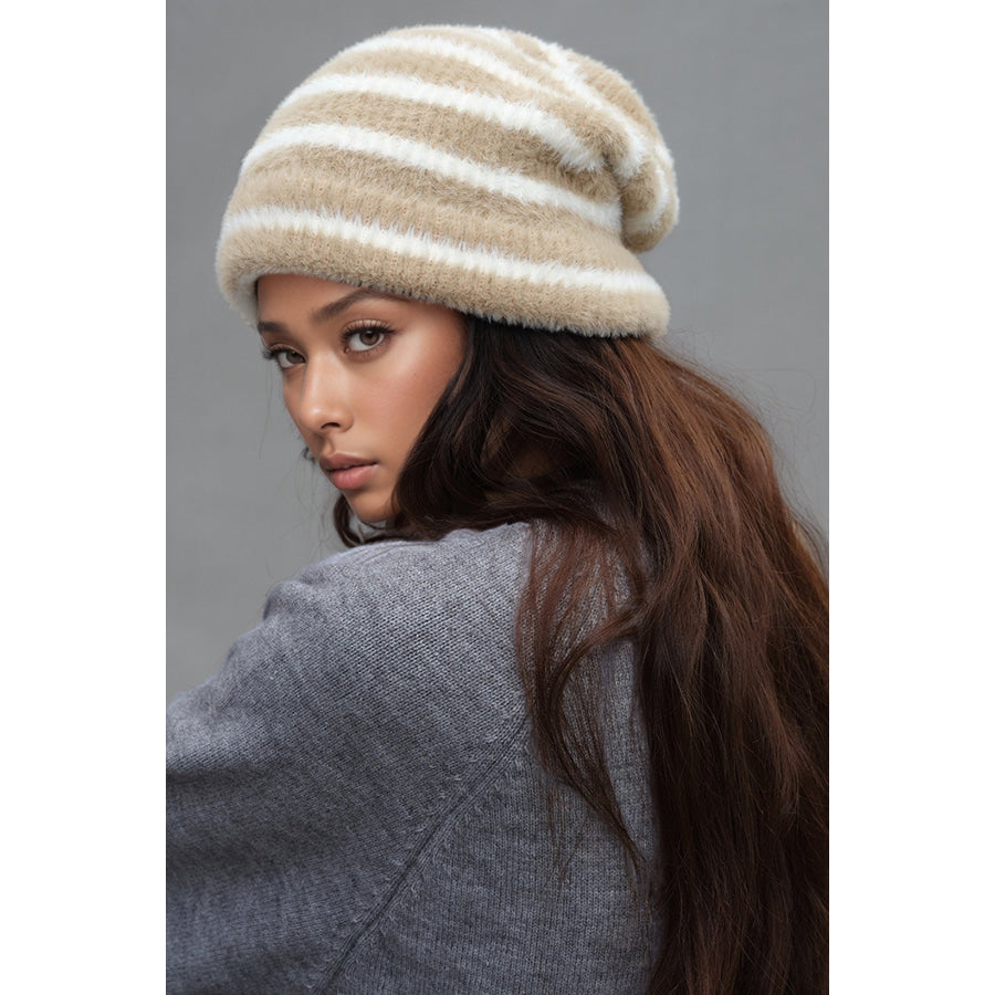 Fuzzy Contrast Striped Thermal Hat Khaki / One Size Apparel and Accessories