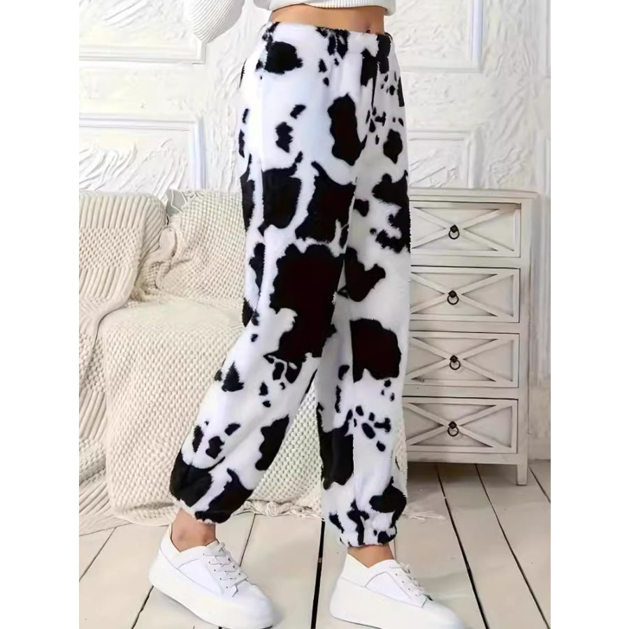 Fuzzy Cow Print Elastic Waist Pants Apparel and Accessories