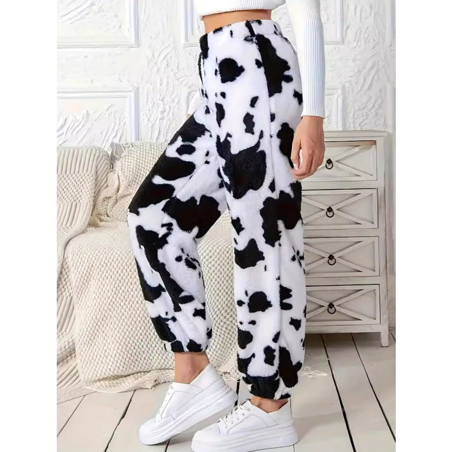 Fuzzy Cow Print Elastic Waist Pants Apparel and Accessories