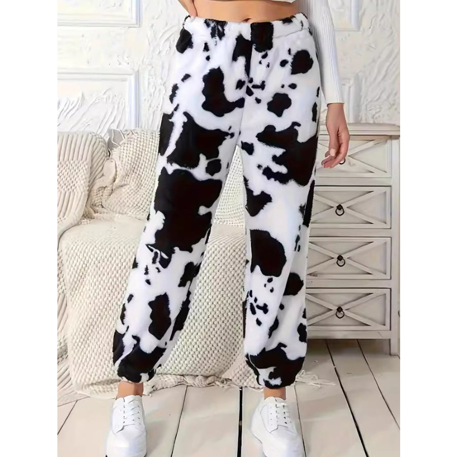 Fuzzy Cow Print Elastic Waist Pants White / S Apparel and Accessories