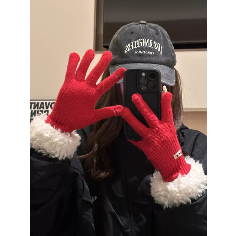 Fuzzy Cuff Knitted Gloves Bright Red / ONESIZE Apparel and Accessories