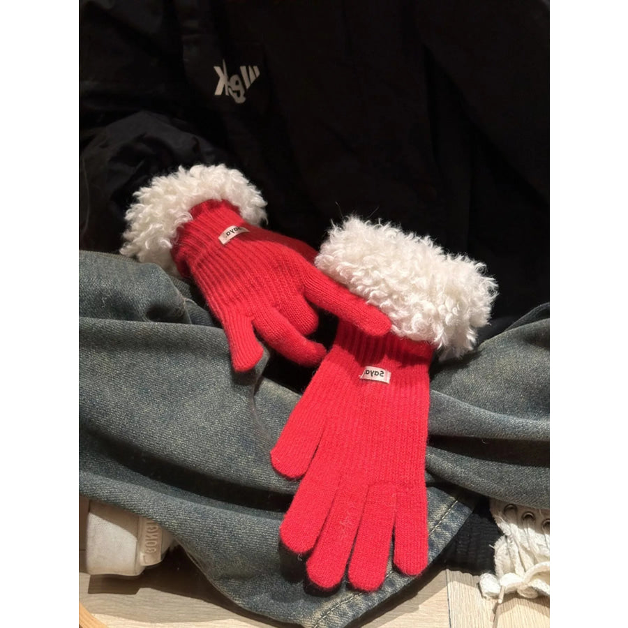 Fuzzy Cuff Knitted Gloves Bright Red / ONESIZE Apparel and Accessories
