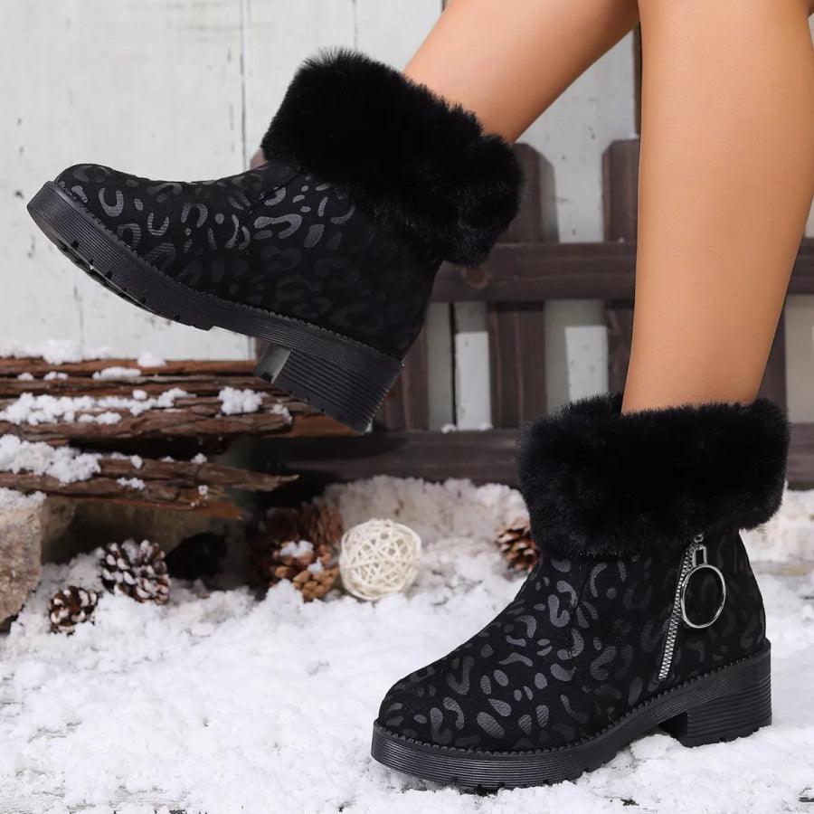Fuzzy Cuff Leopard Print Ankle Boots Apparel and Accessories