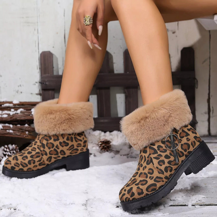 Fuzzy Cuff Leopard Print Ankle Boots Apparel and Accessories