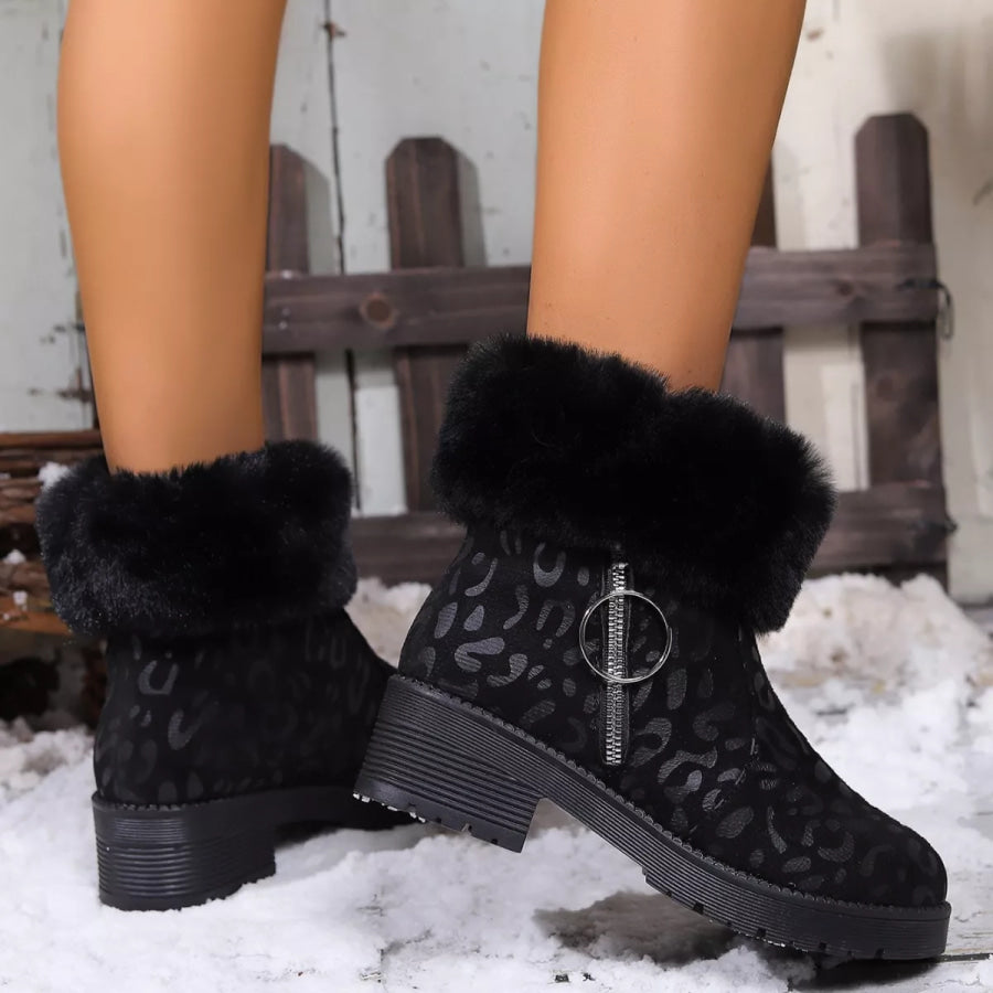 Fuzzy Cuff Leopard Print Ankle Boots Apparel and Accessories