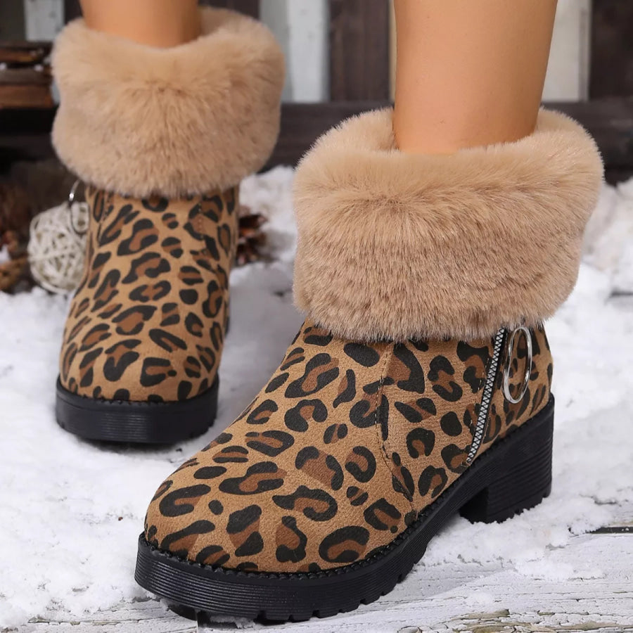 Fuzzy Cuff Leopard Print Ankle Boots Apparel and Accessories