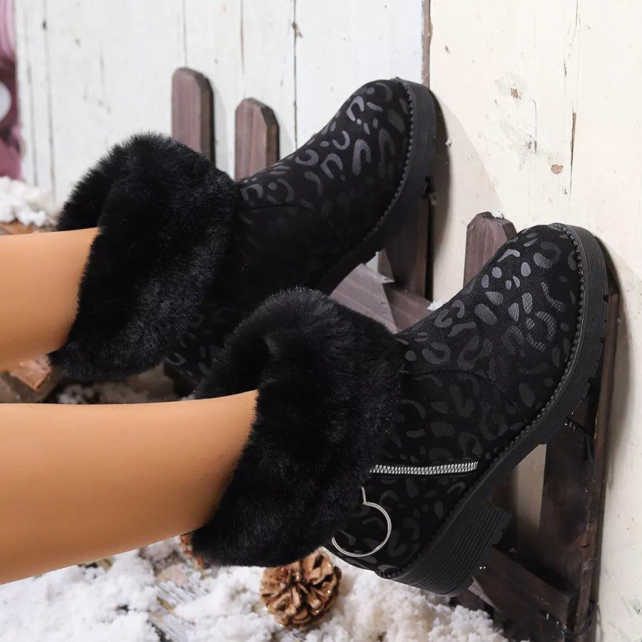 Fuzzy Cuff Leopard Print Ankle Boots Apparel and Accessories