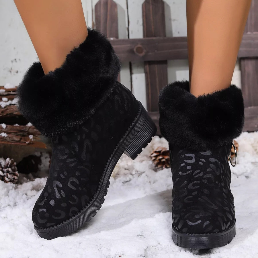 Fuzzy Cuff Leopard Print Ankle Boots Black / 36 Apparel and Accessories