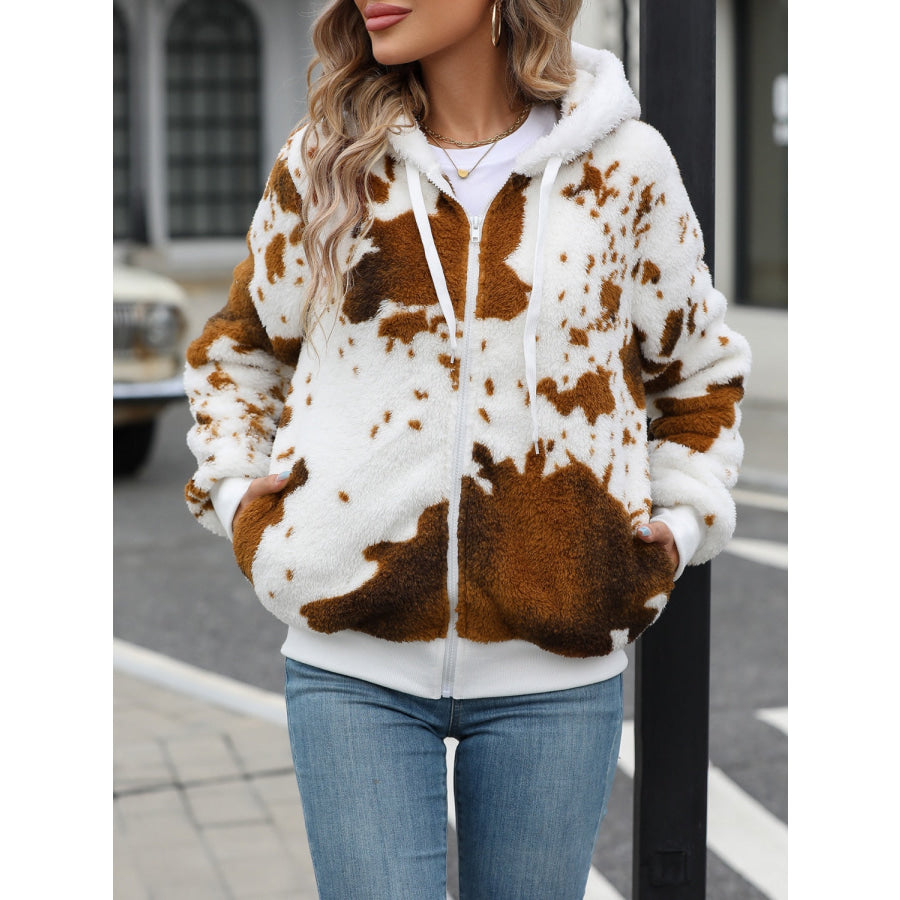 Fuzzy Drawstring Zip Up Hooded Jacket Brown / S Apparel and Accessories