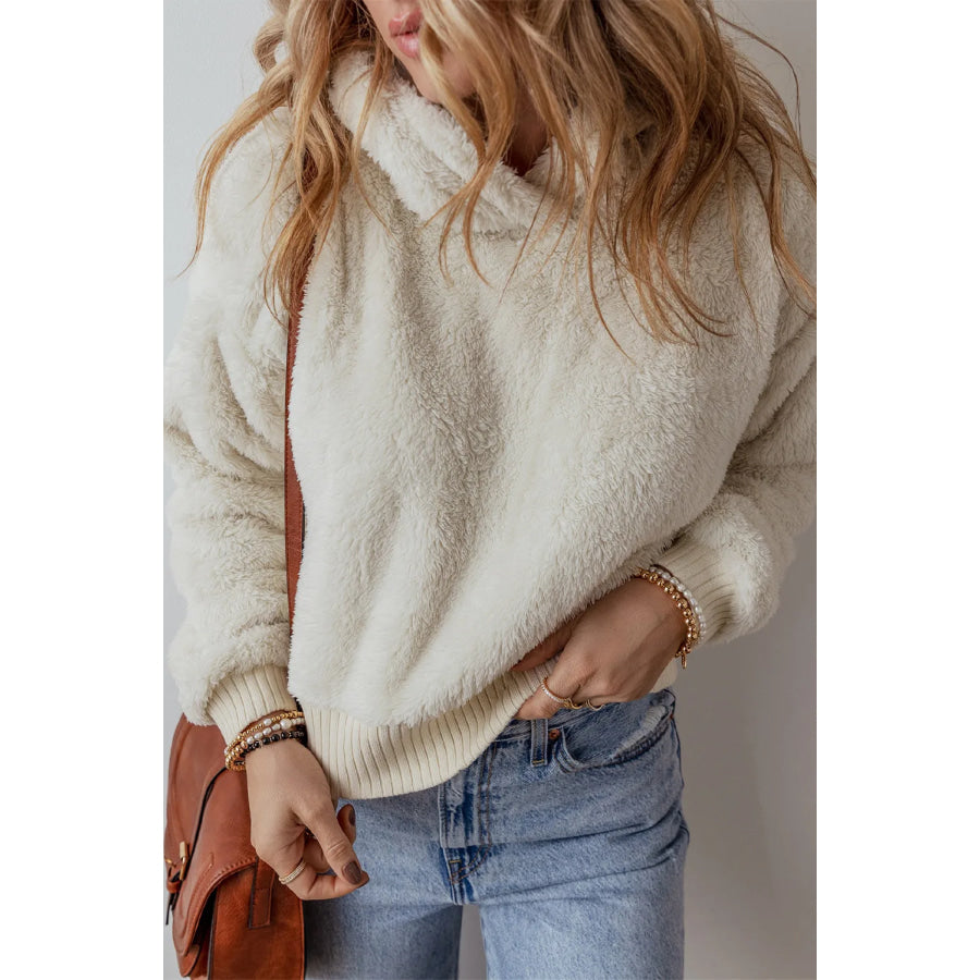 Fuzzy Dropped Shoulder Long Sleeve Hoodie Apparel and Accessories