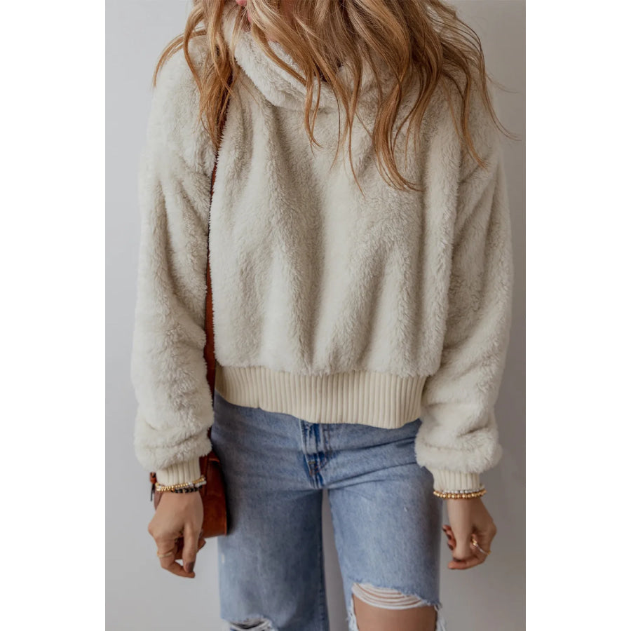Fuzzy Dropped Shoulder Long Sleeve Hoodie Beige / S Apparel and Accessories